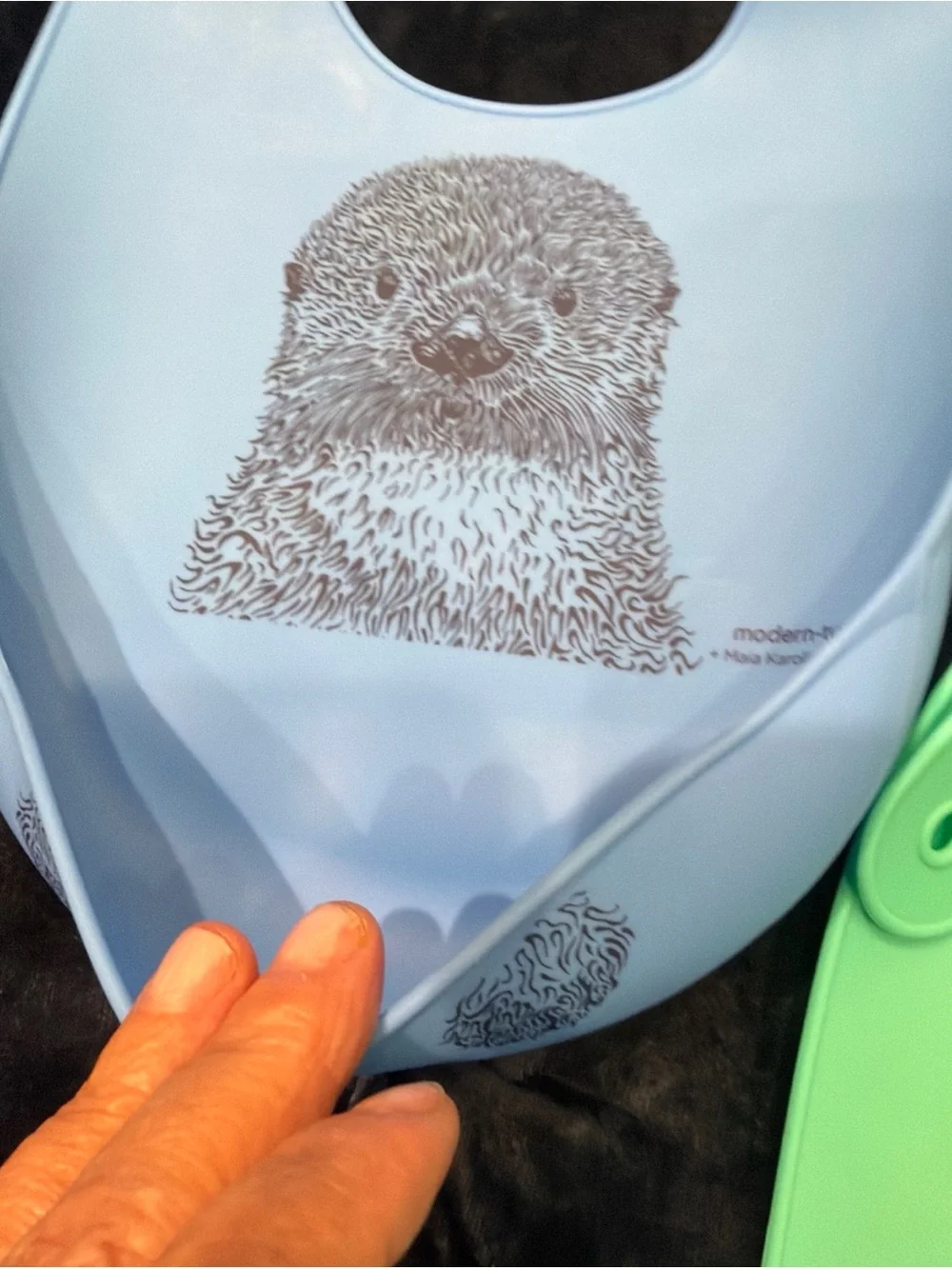 Green Silicone Baby Bib with Bear Fishing Print